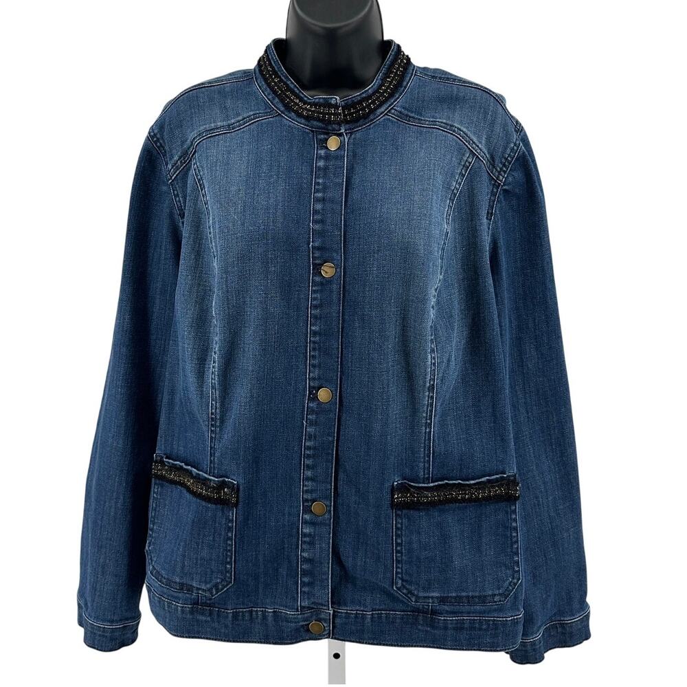 Chico's Jean Jacket WMNS 3(XL) Embellished Button Up Blue Denim Stretch Coat